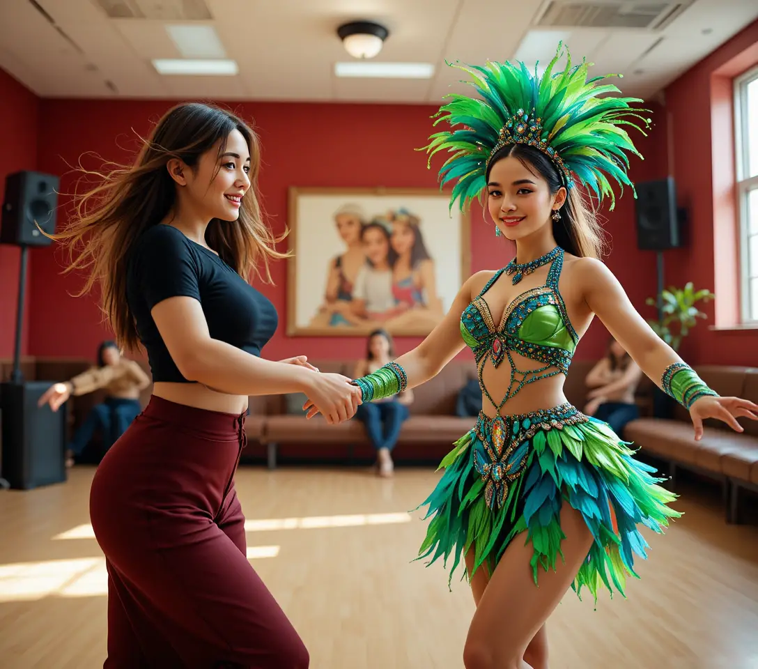 Two women dancing together in a vibrant studio