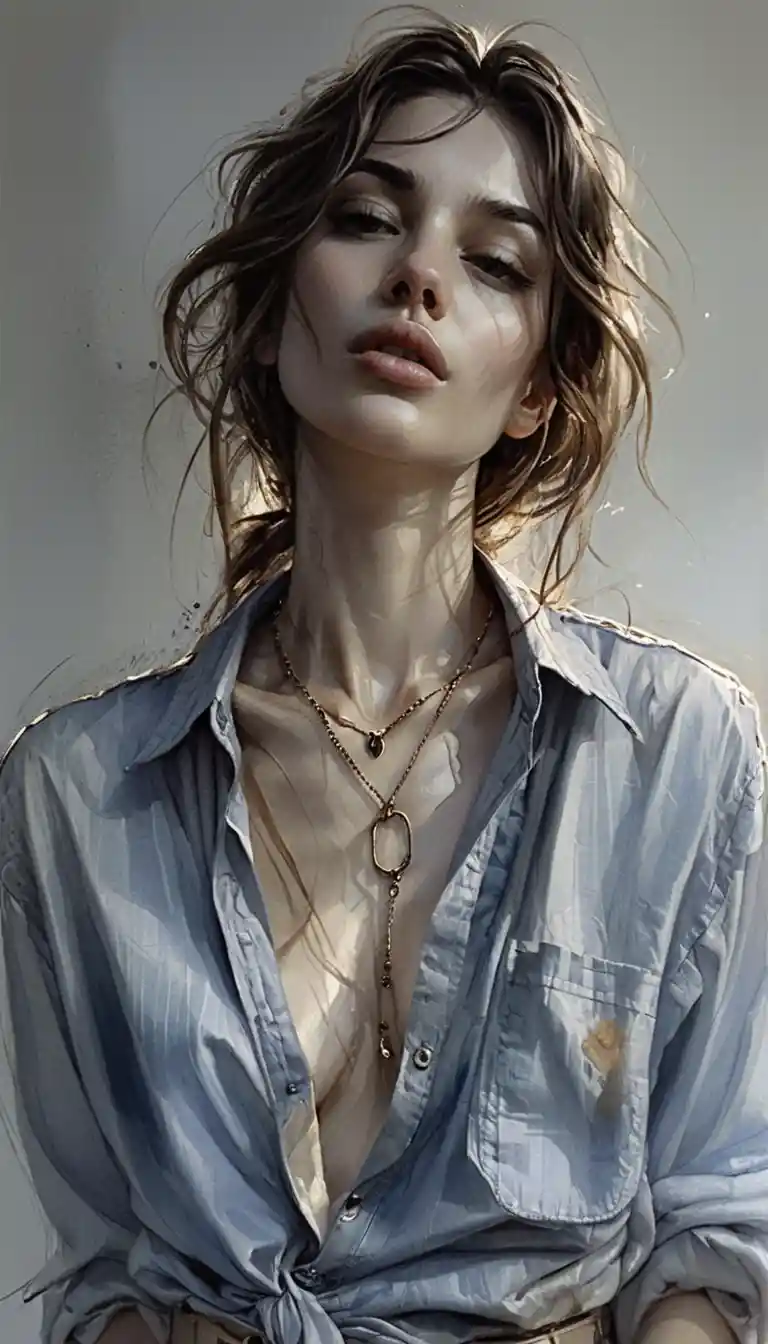Sensual bust portrait of a young woman in denim shirt