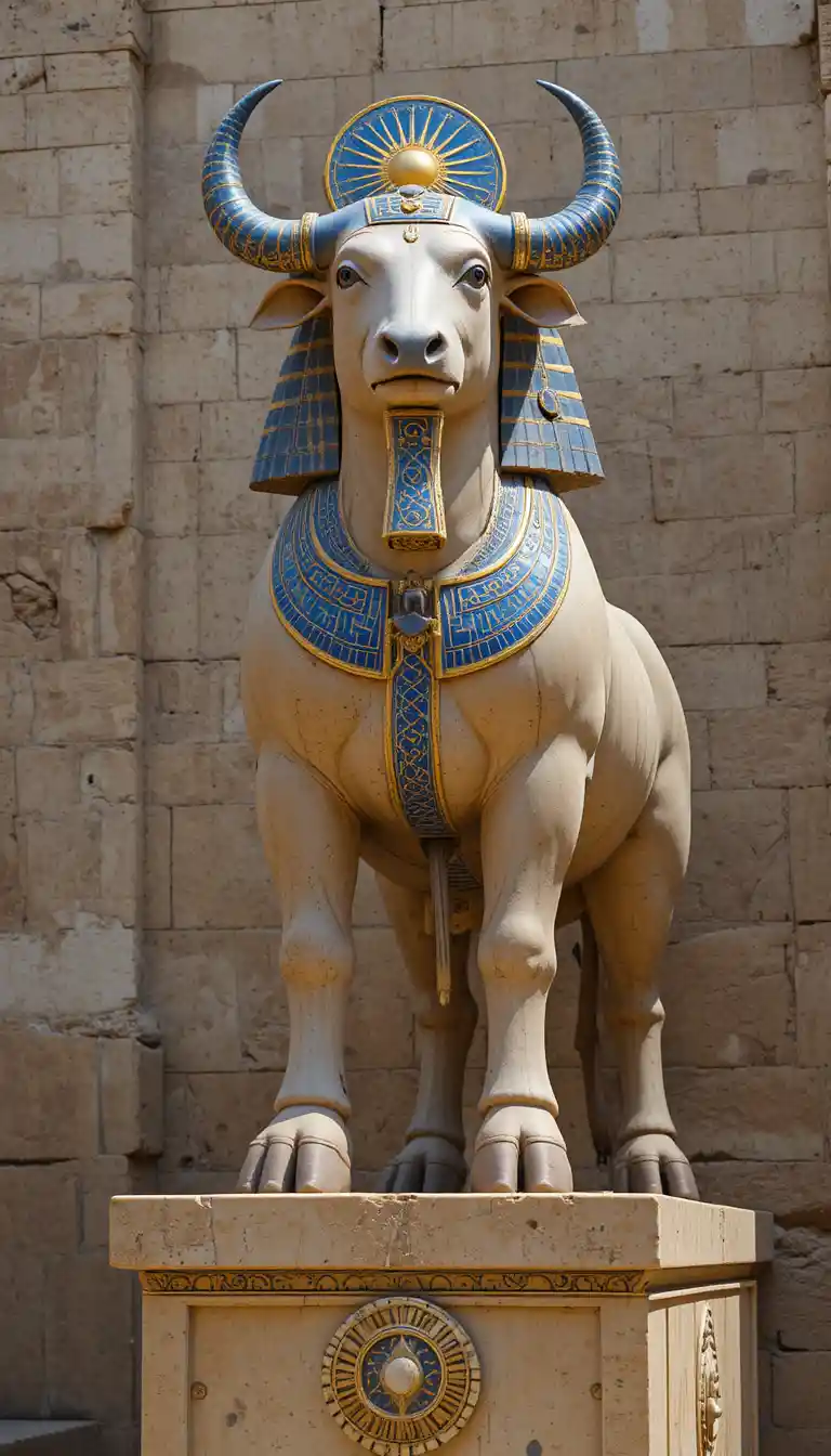 Sacred Apis bull carving with sun disk and cobra crown