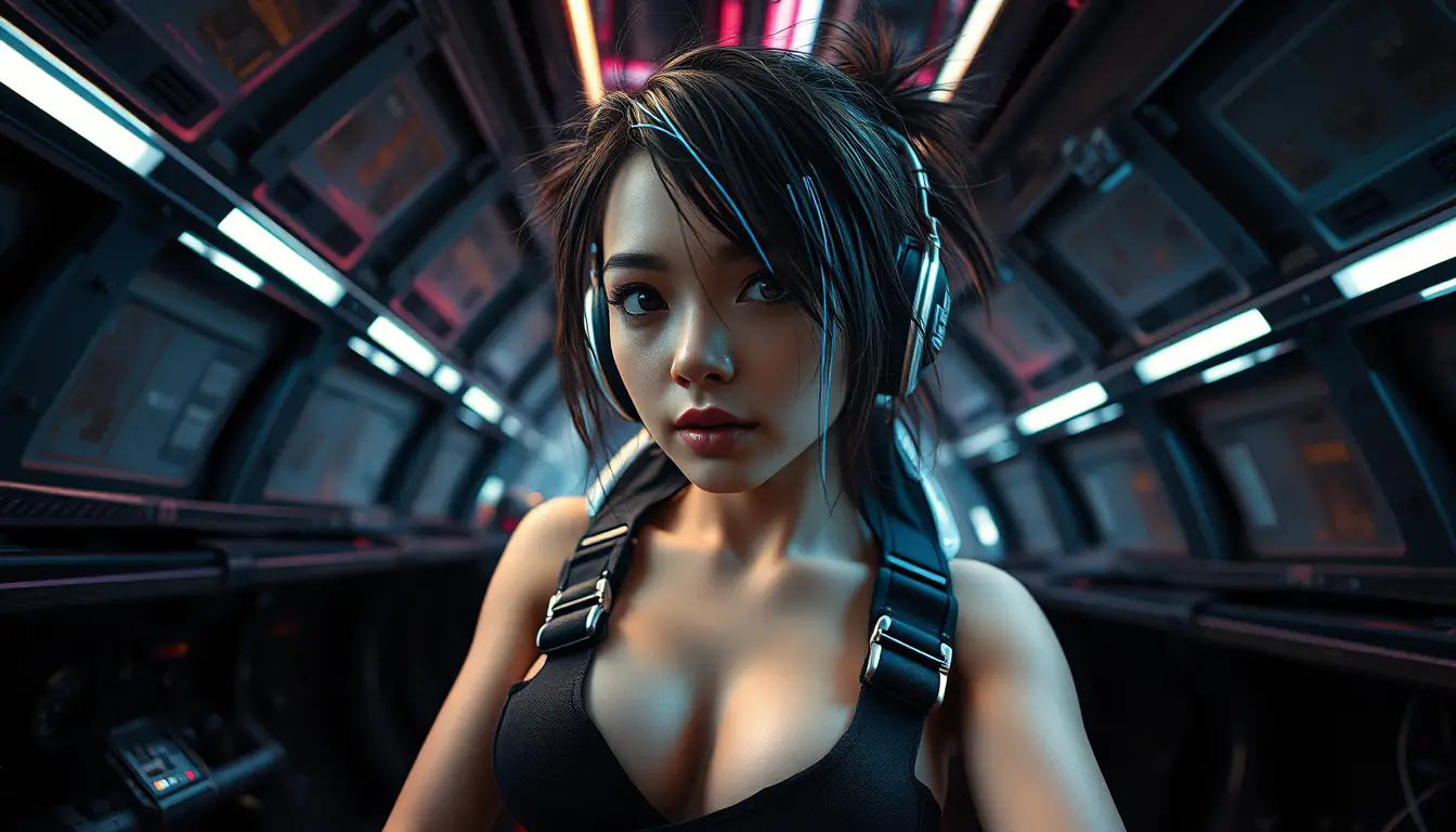 Cyberpunk pilot girl in a neon lit industrial hangar