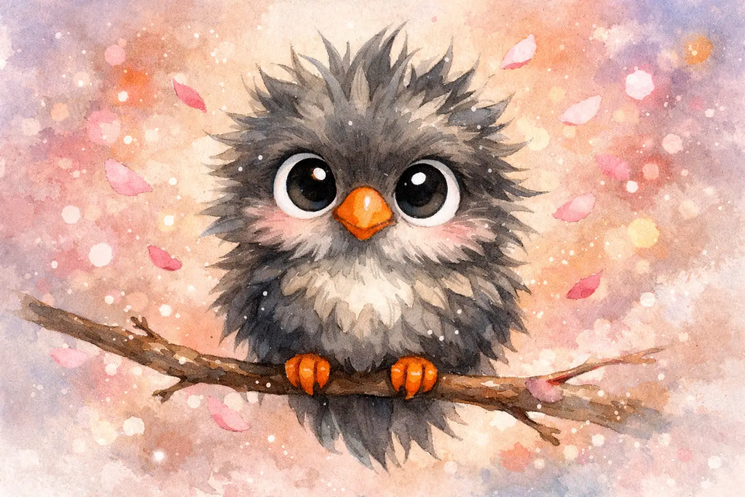 Cute fluffy cartoon bird on a branch in pastel bokeh