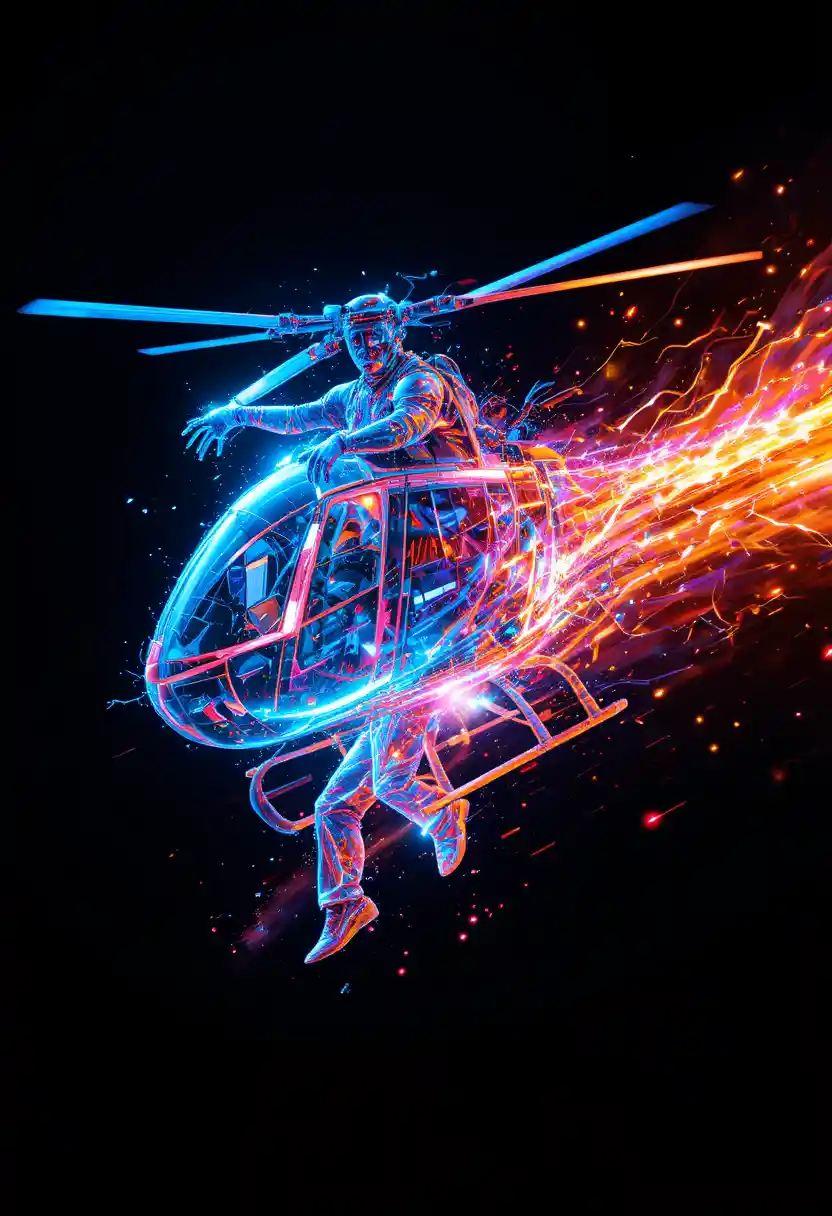 Elicottero al neon in movimento con vivaci scie di luce
