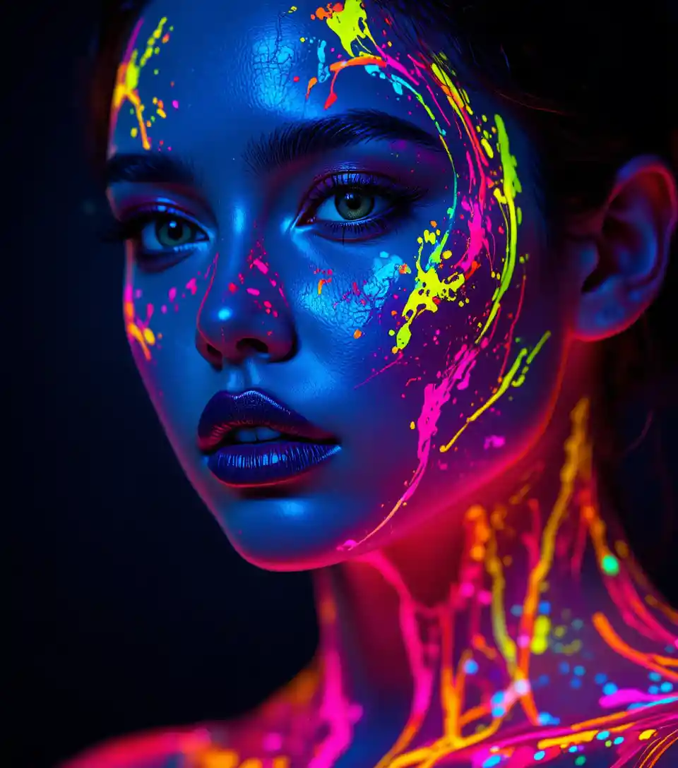 Retrato de mujer pintada en neón con colores abstractos brillantes