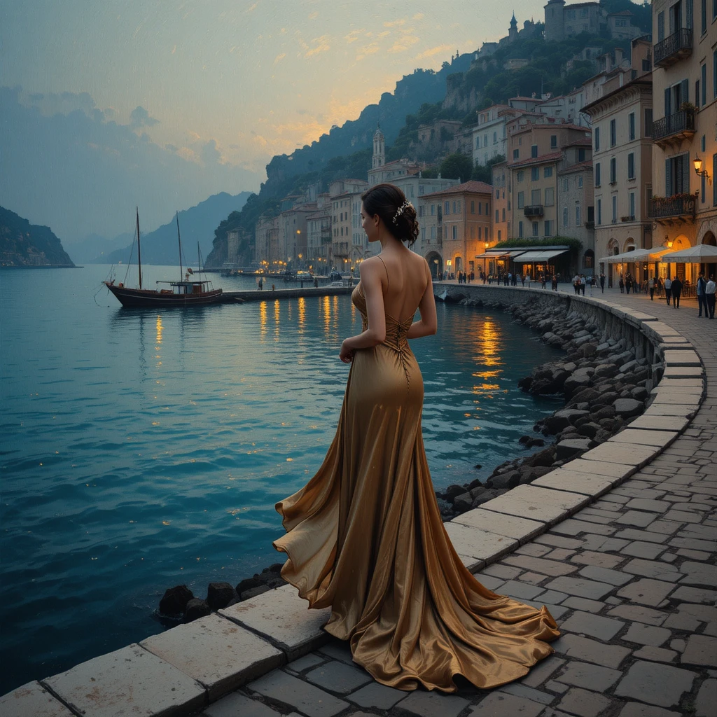 Elegant woman in gown by a Mediterranean harbor at dusk