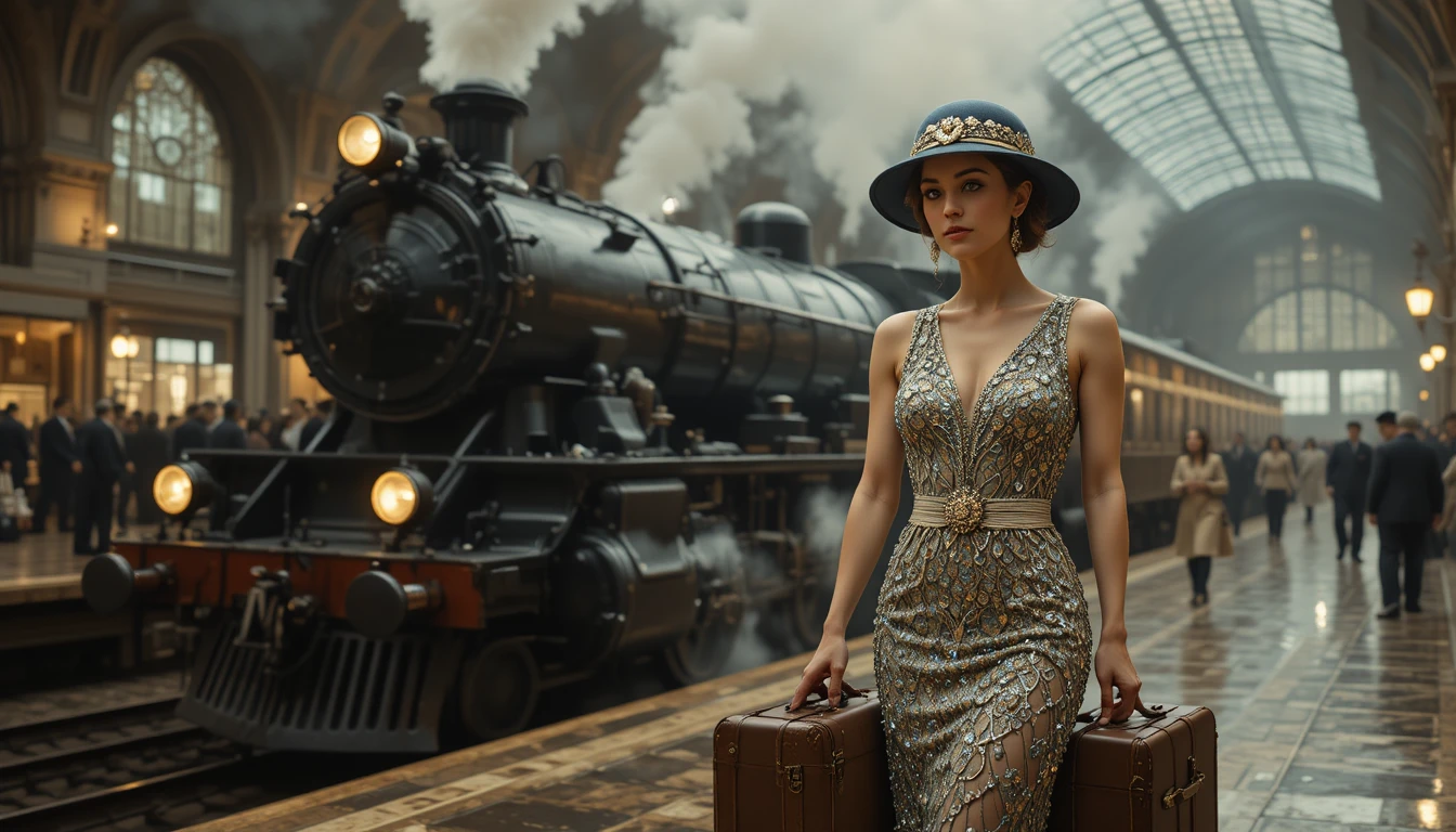 Elegant flapper woman at a 1920s train station platform