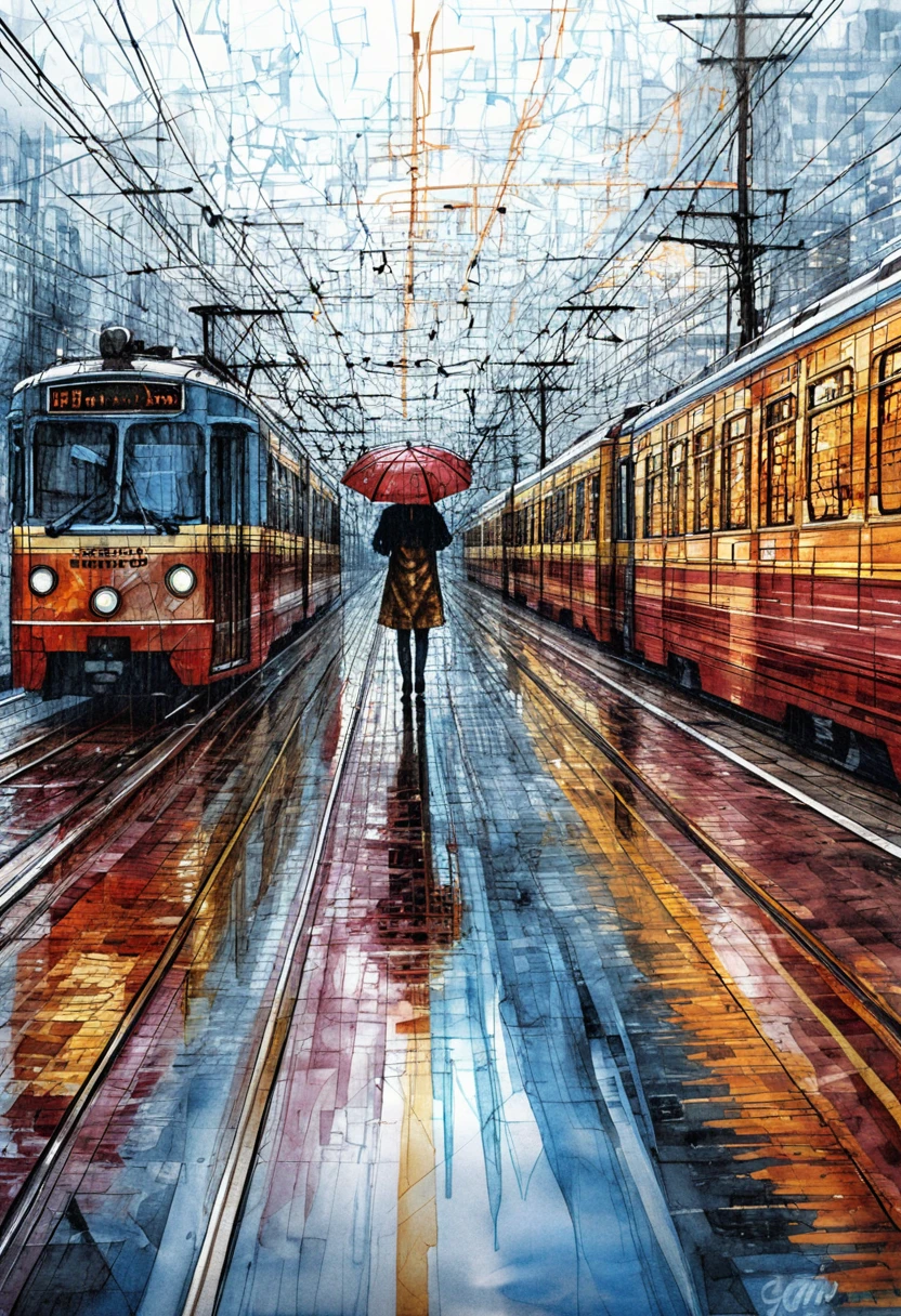 Figura solitaria con paraguas rojo entre tranvías vintage