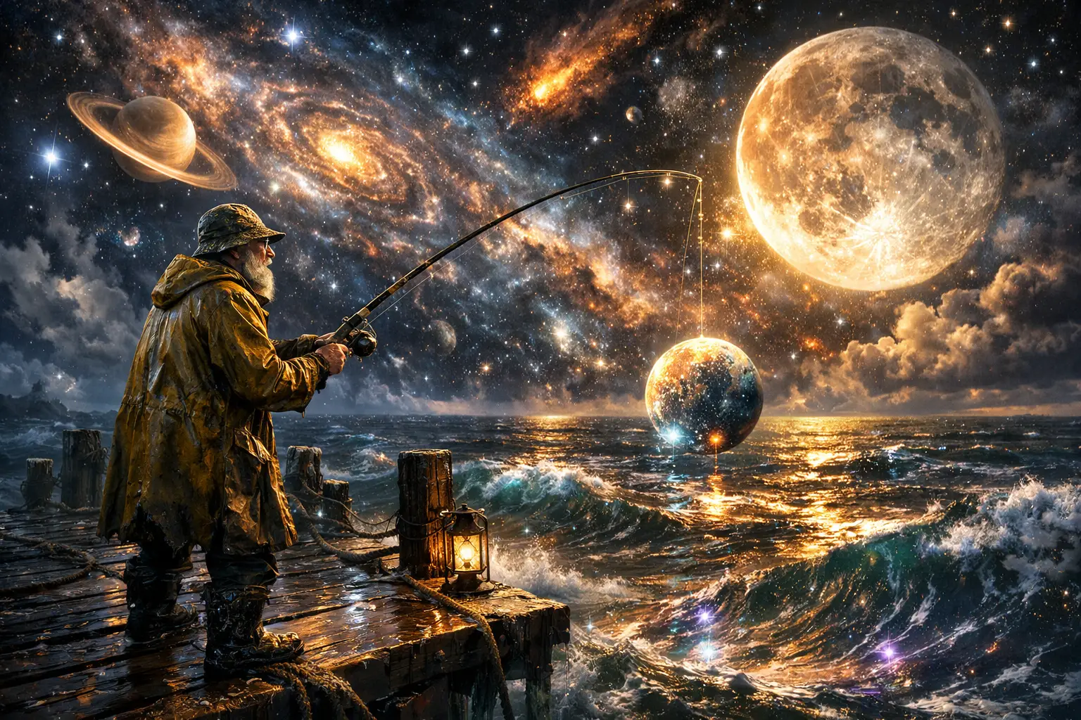 Old fisherman on pier under cosmic starlit ocean sky