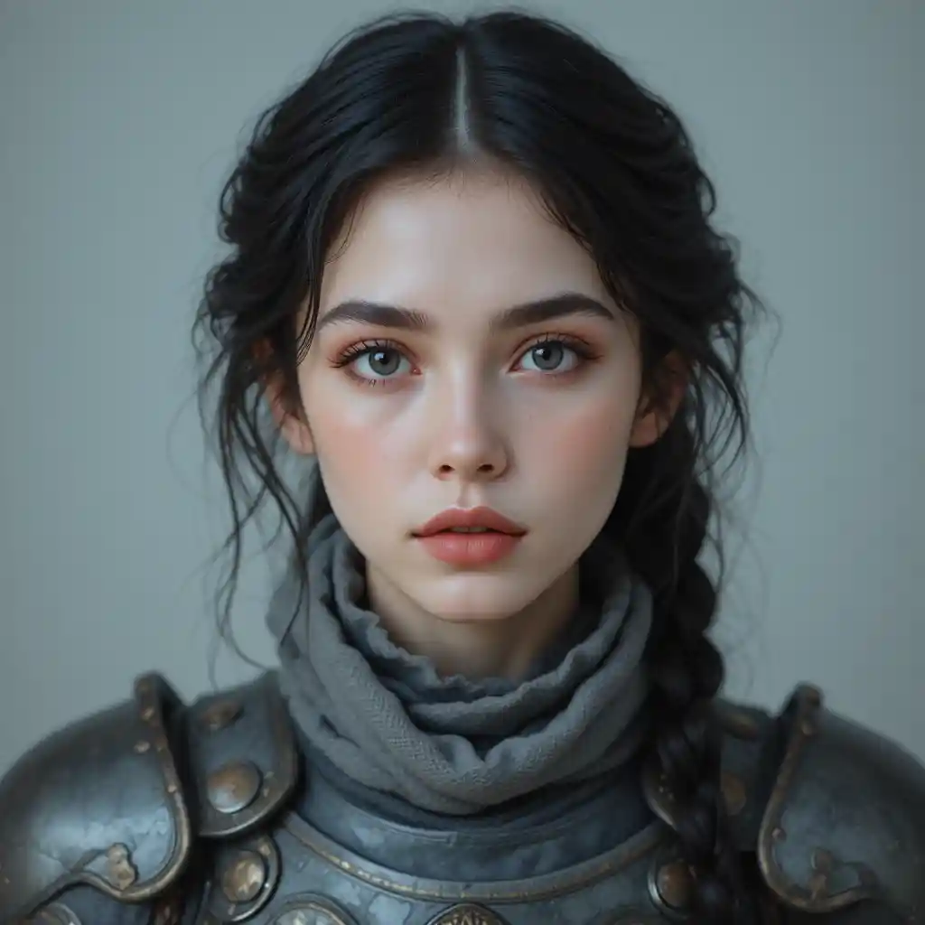 Ritratto di una giovane donna in elaborata armatura fantasy grigia e dorata