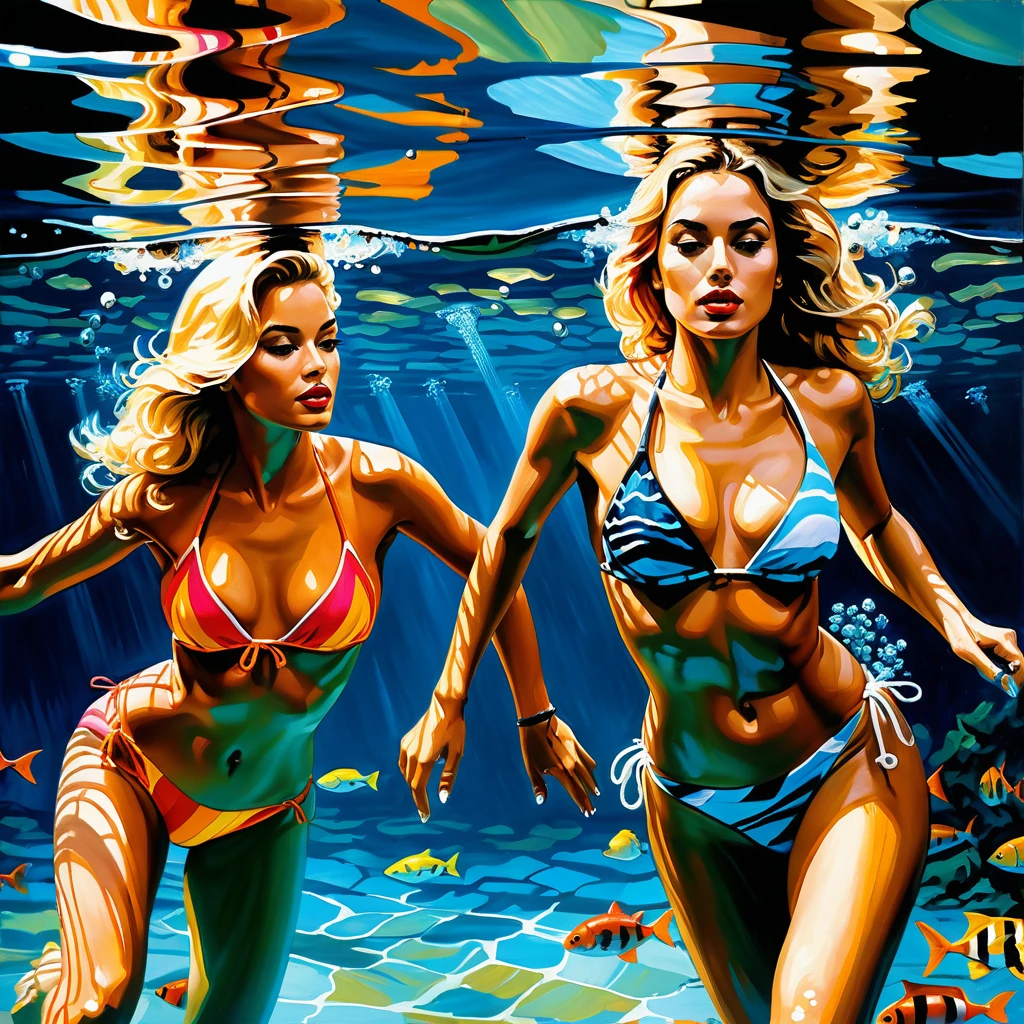 Two women swimming gracefully in a dreamy underwater world