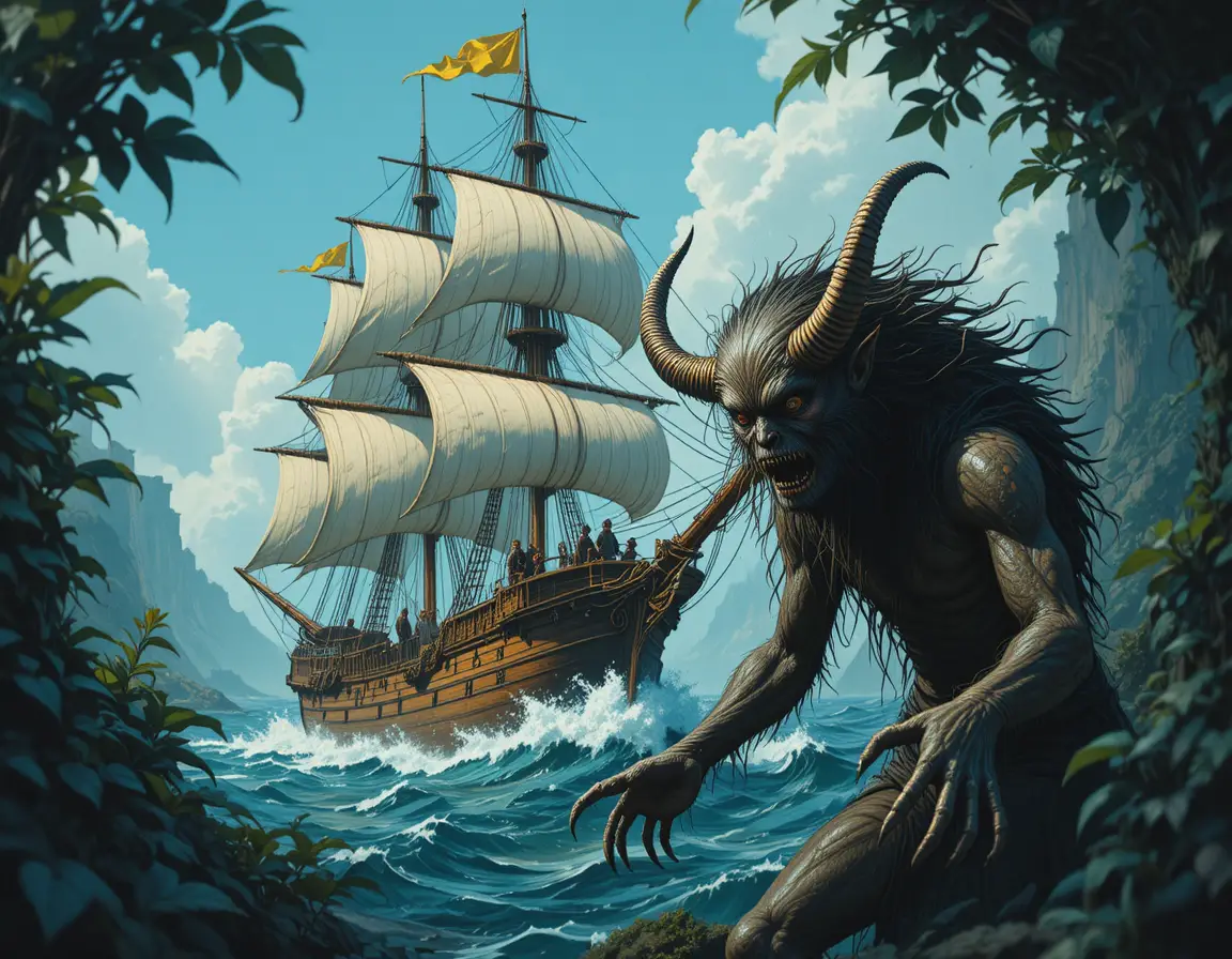 Vintage sailing ship cutting through rough blue green waves