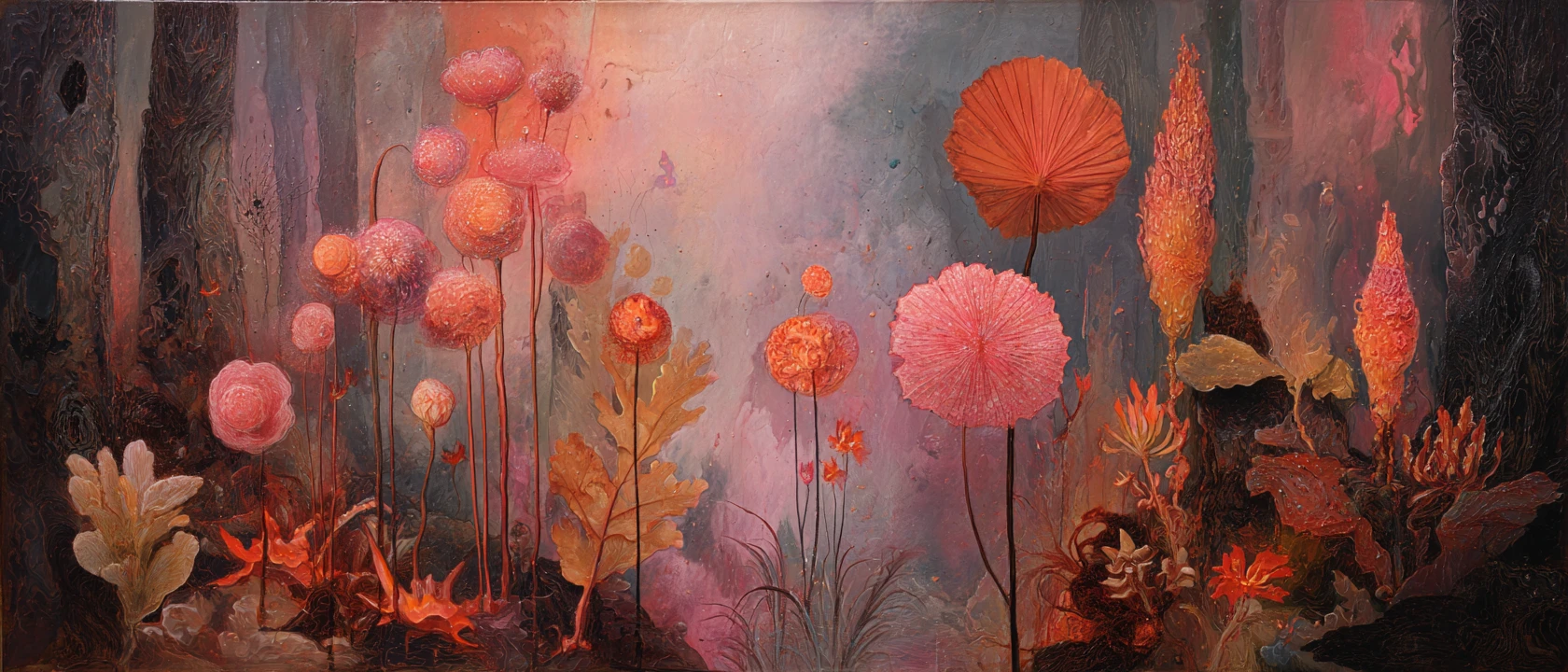 Foresta fantasy surreale con sciamano luminoso e fiori magici