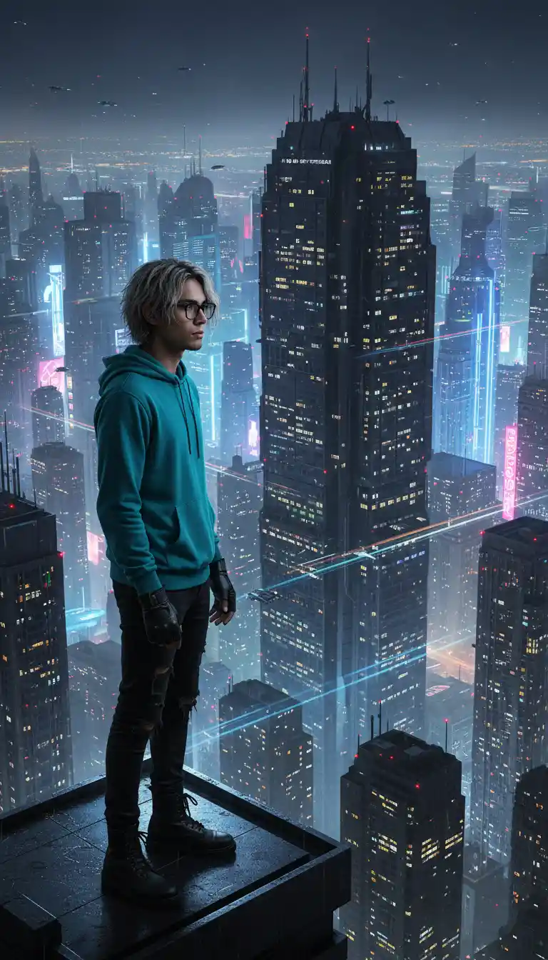 Young man on a rooftop overlooking neon sci fi city