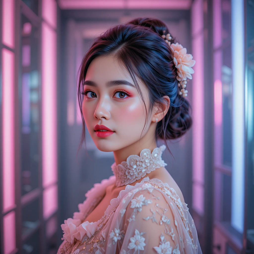 Young Asian woman in floral dress with neon glow