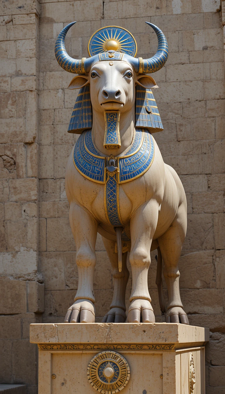 Sculpture du taureau sacré Apis avec disque solaire et couronne de cobra
