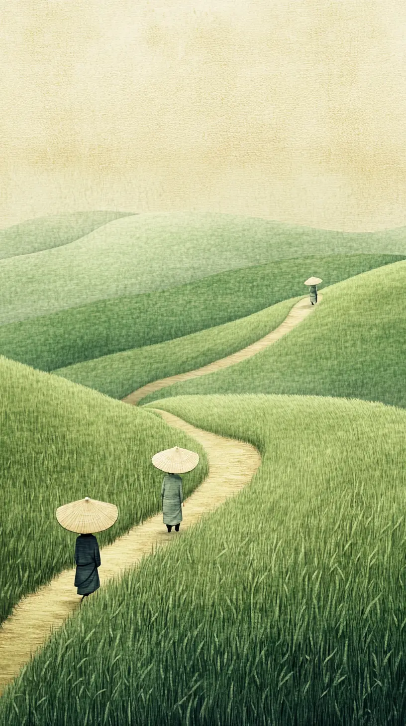 Viaggiatori con cappelli conici che attraversano un vasto campo di grano verde