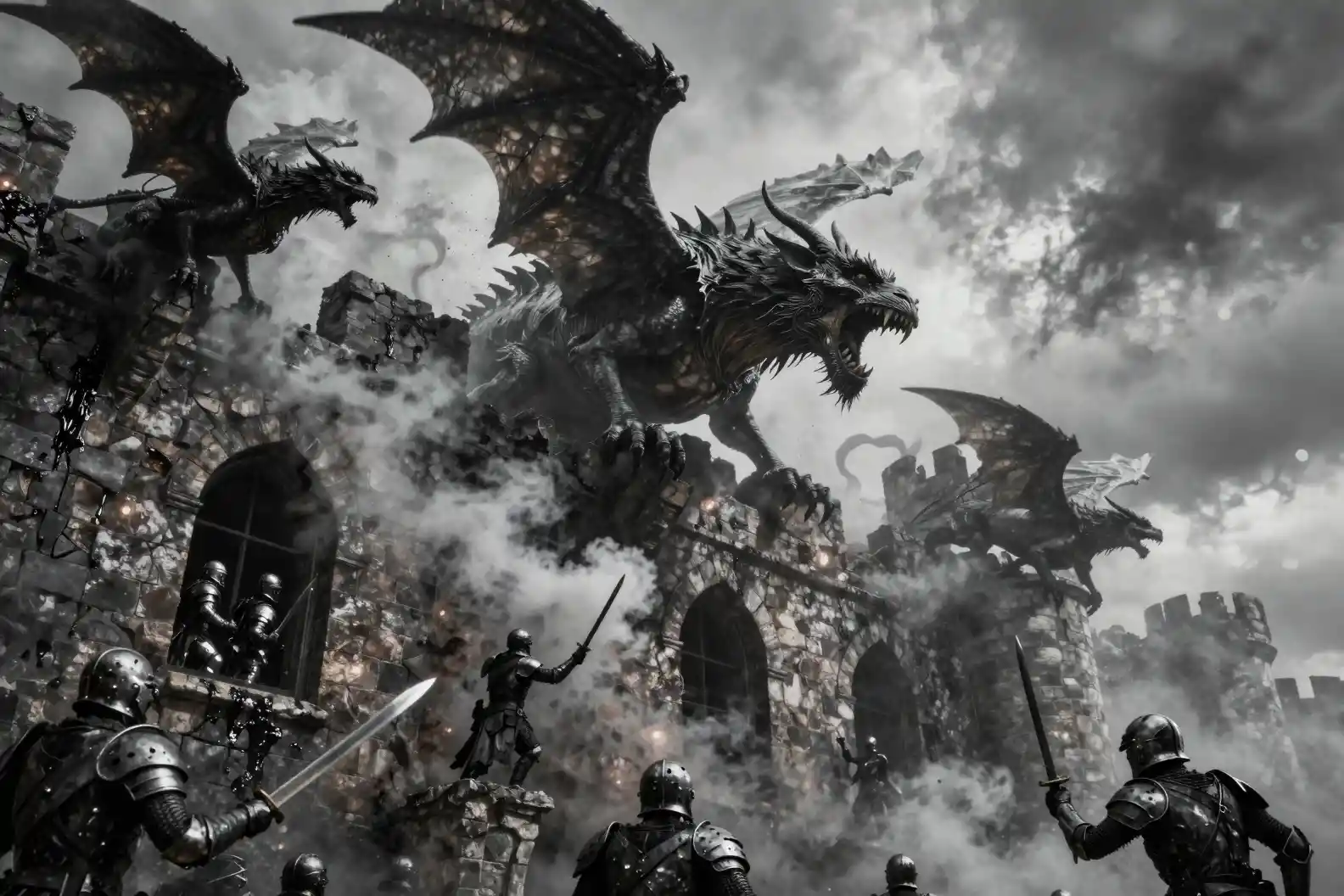 Ominous fortress with smoke veiled warriors and gargoyles