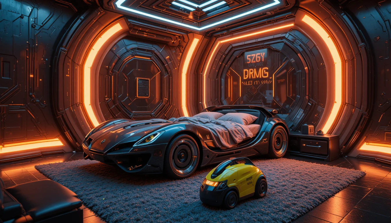 Dormitorio futurista con cama en forma de coche y acentos de neón