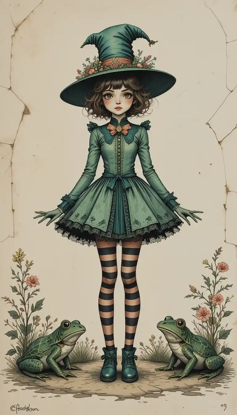Quirky girl in vintage frog costume with striped tights