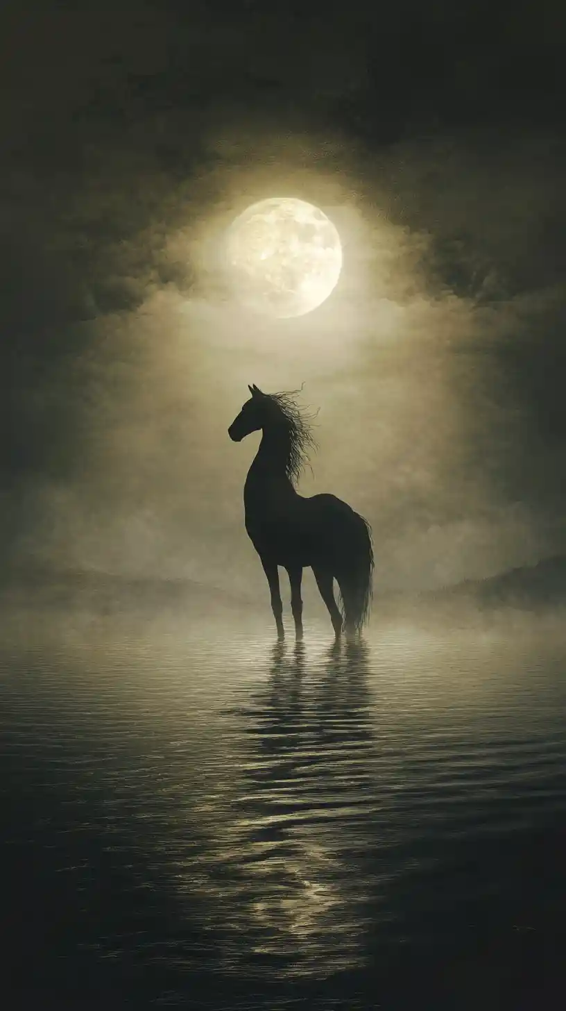 Mystical kelpie spirit by a moonlit Scottish loch