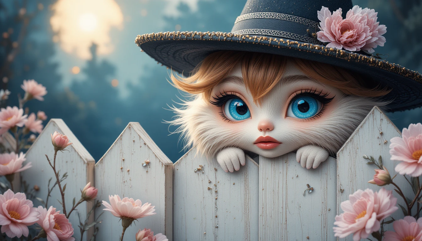 Fluffy blue eyed cat peeking from behind white fence