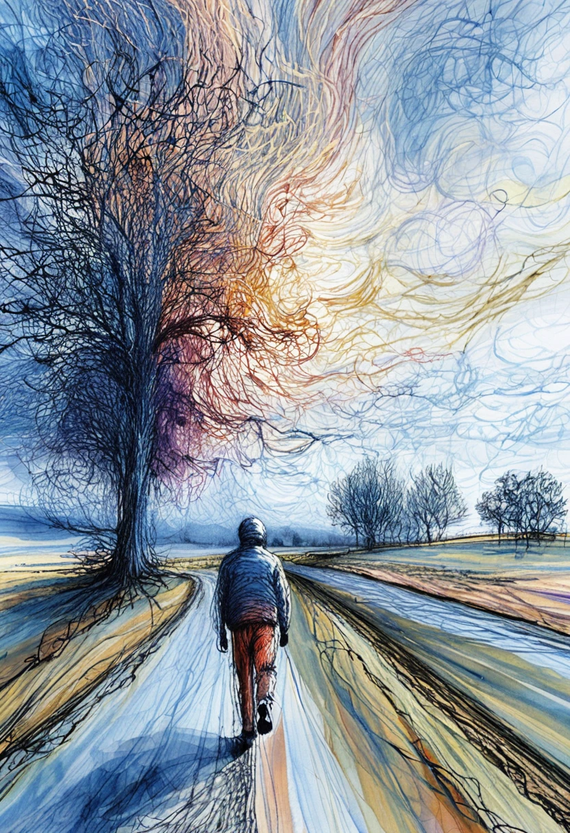 Solitary figure on a scribbled country road at sunset