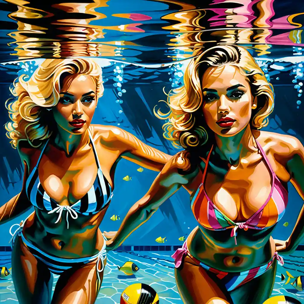 Two women swimming underwater in fantasy pinup style