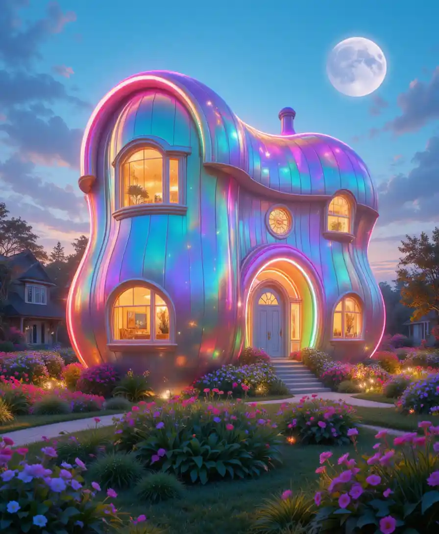 Iridescent Rainbow Peanut Shaped House In Fantasy Garden