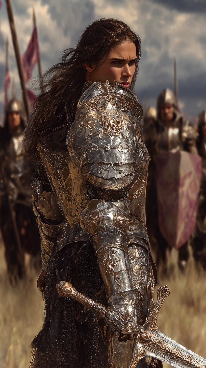 Fierce female warlord leading her army at twilight