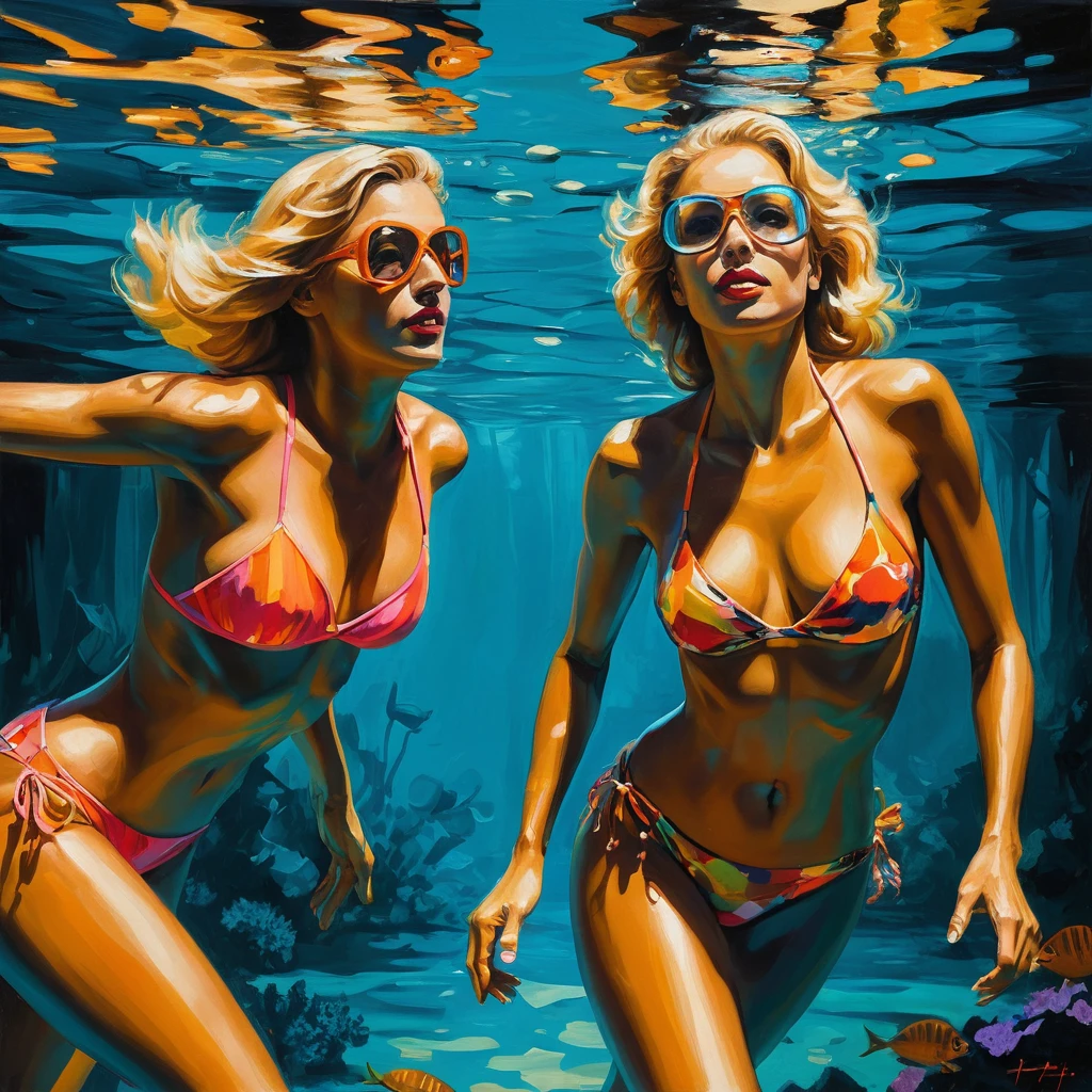 Dos mujeres nadando bajo el agua en una escena pin-up de fantasía