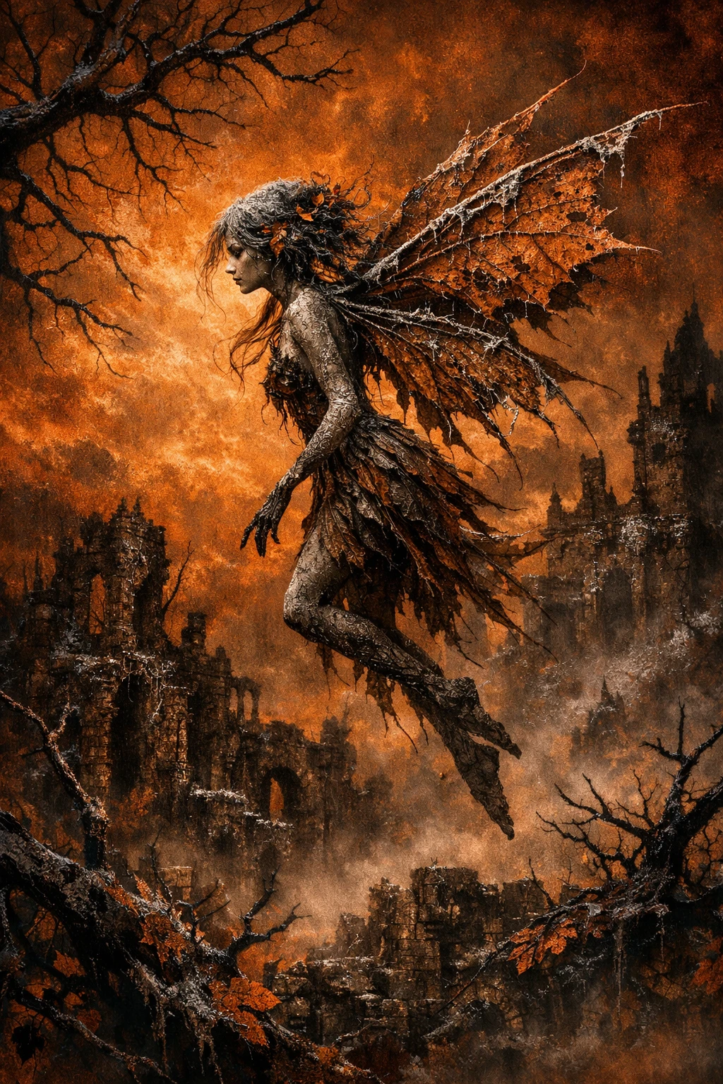 Withered fairy in profile above misty crumbling ruins