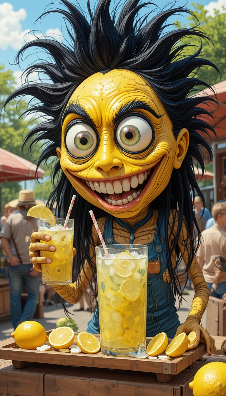 Cheerful Yellow Lemon Character Selling Lemonade Outdoors