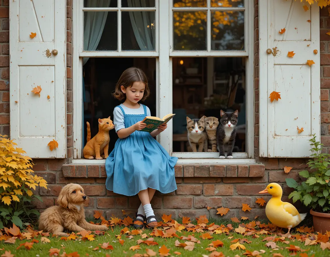 Girl Reading By A Window Surrounded By Autumn Leaves