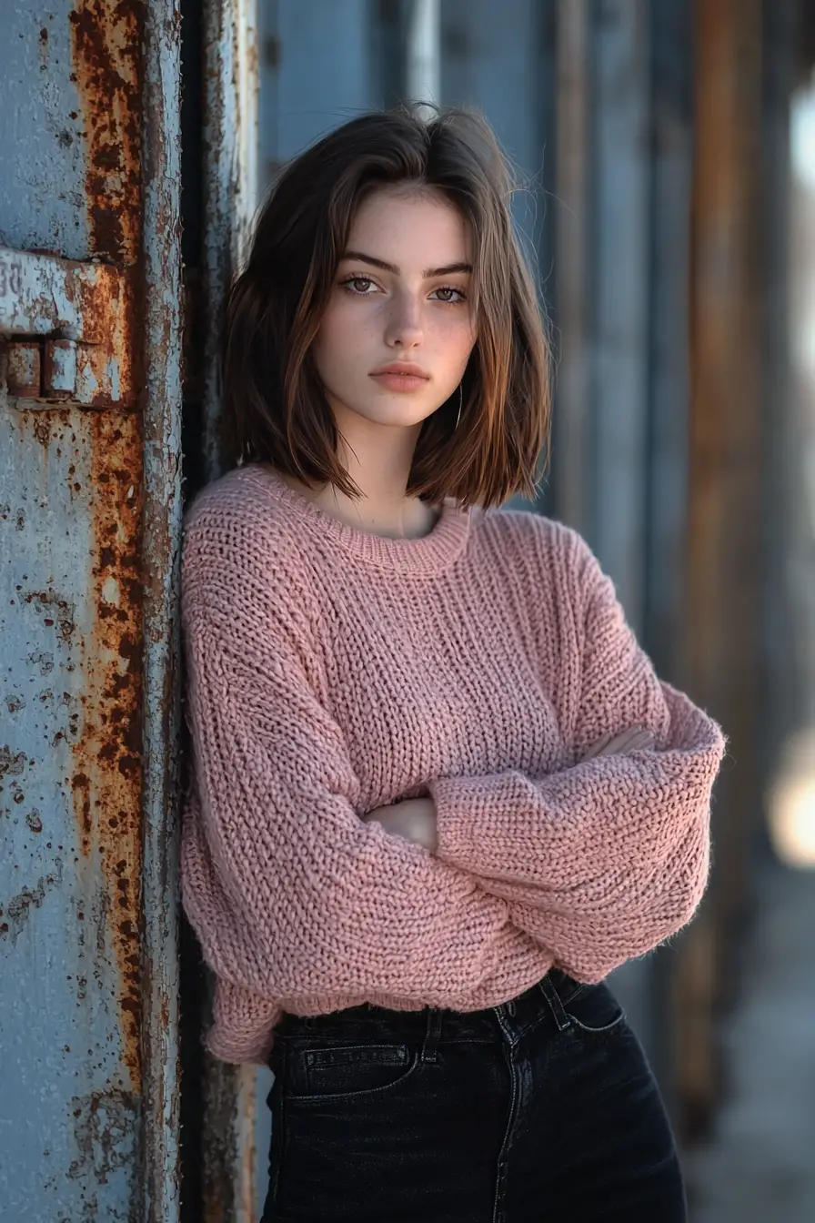Stylish young woman in pink sweater in industrial corridor