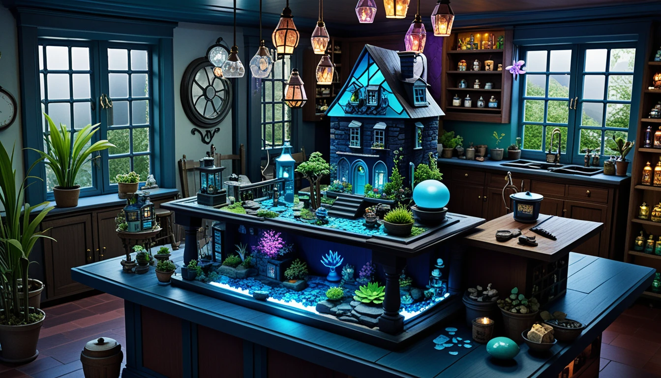 Casa em miniatura 3D isométrica em uma ilha flutuante de fantasia