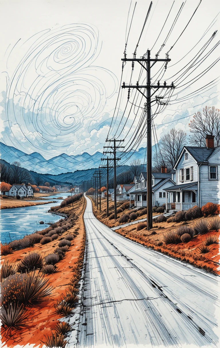 Scribble pen sketch of empty rural street with power lines
