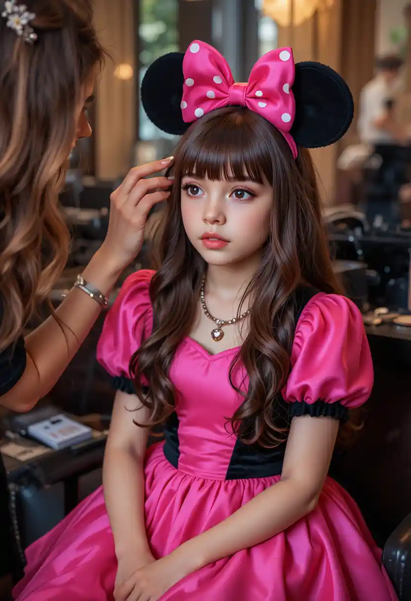 Niño con vestido rosa al que le están maquillando