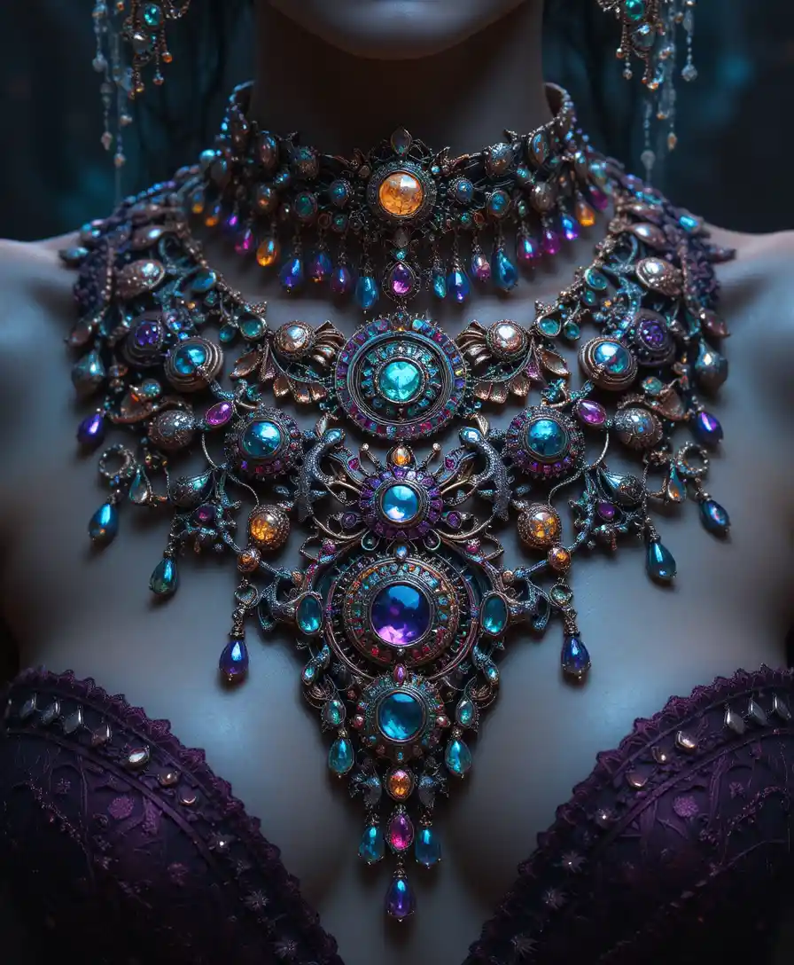 Opulent gemstone necklace with celestial moon and star motifs
