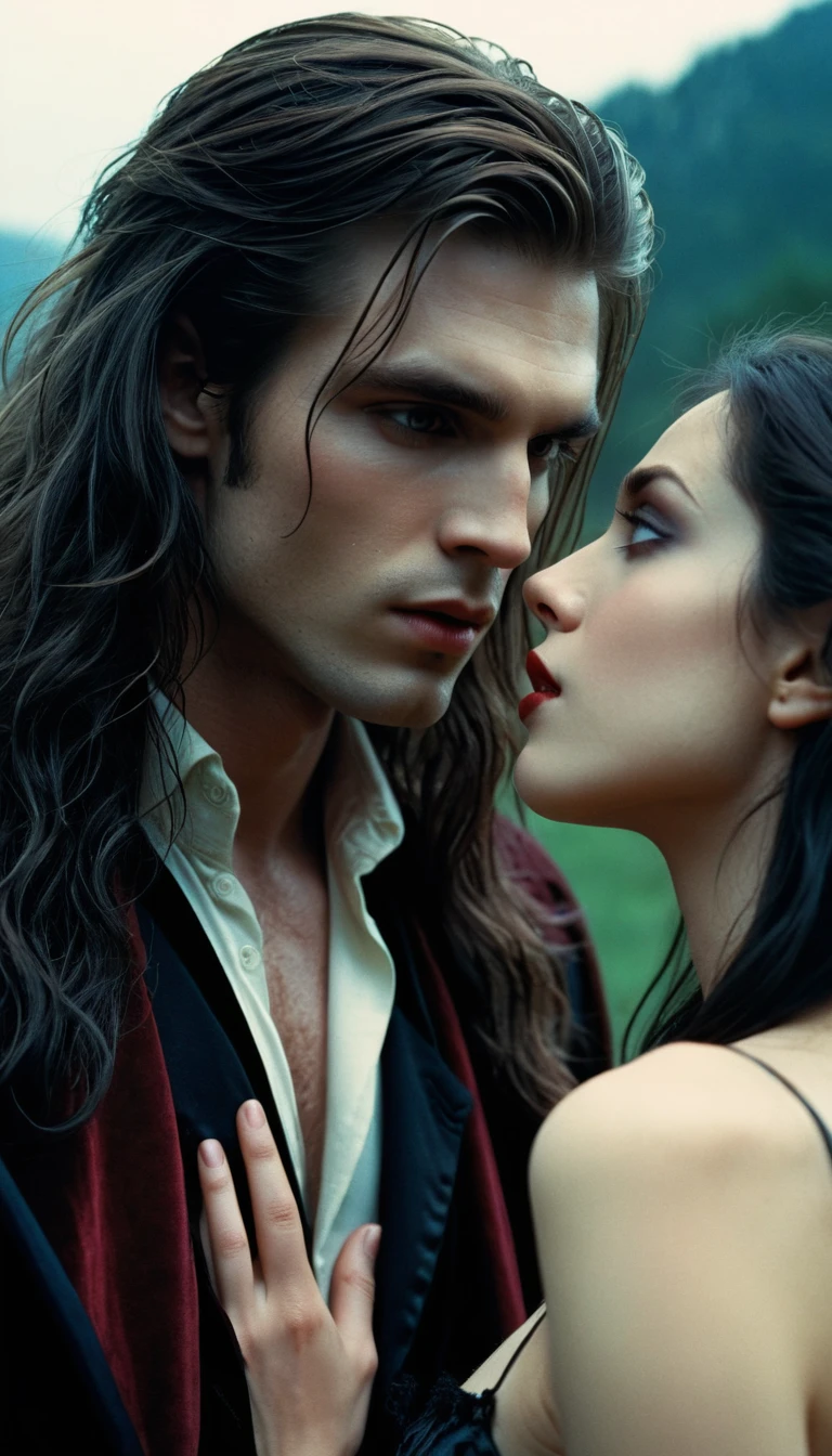 Young man watching two vampire women sharing a kiss