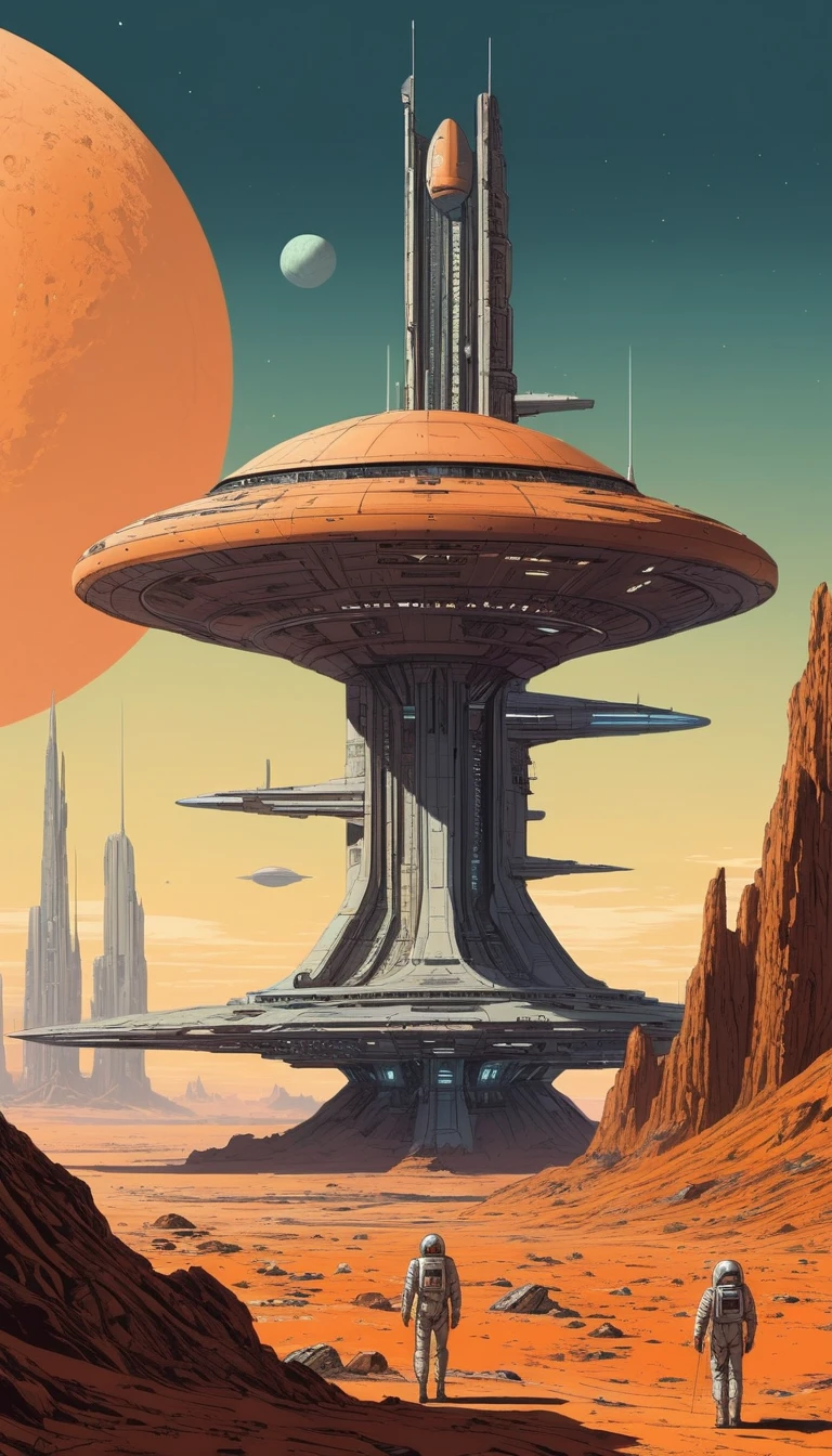 Futuristic space station rising above a desolate alien world