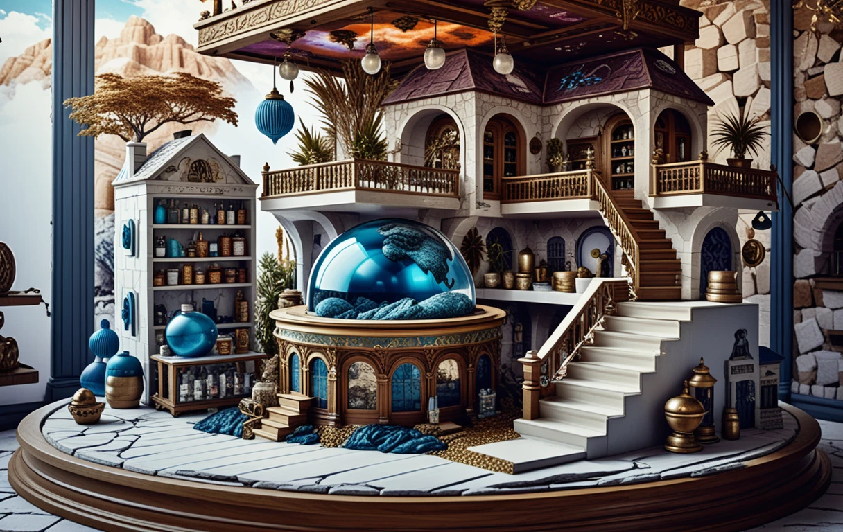 Diorama panorâmico 3D de uma casa em miniatura estilo boticário