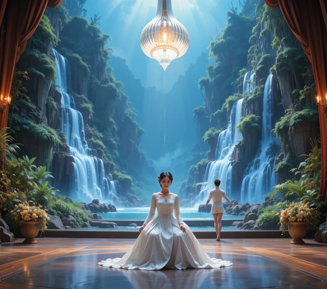 Woman on luminous theater stage with cascading waterfalls