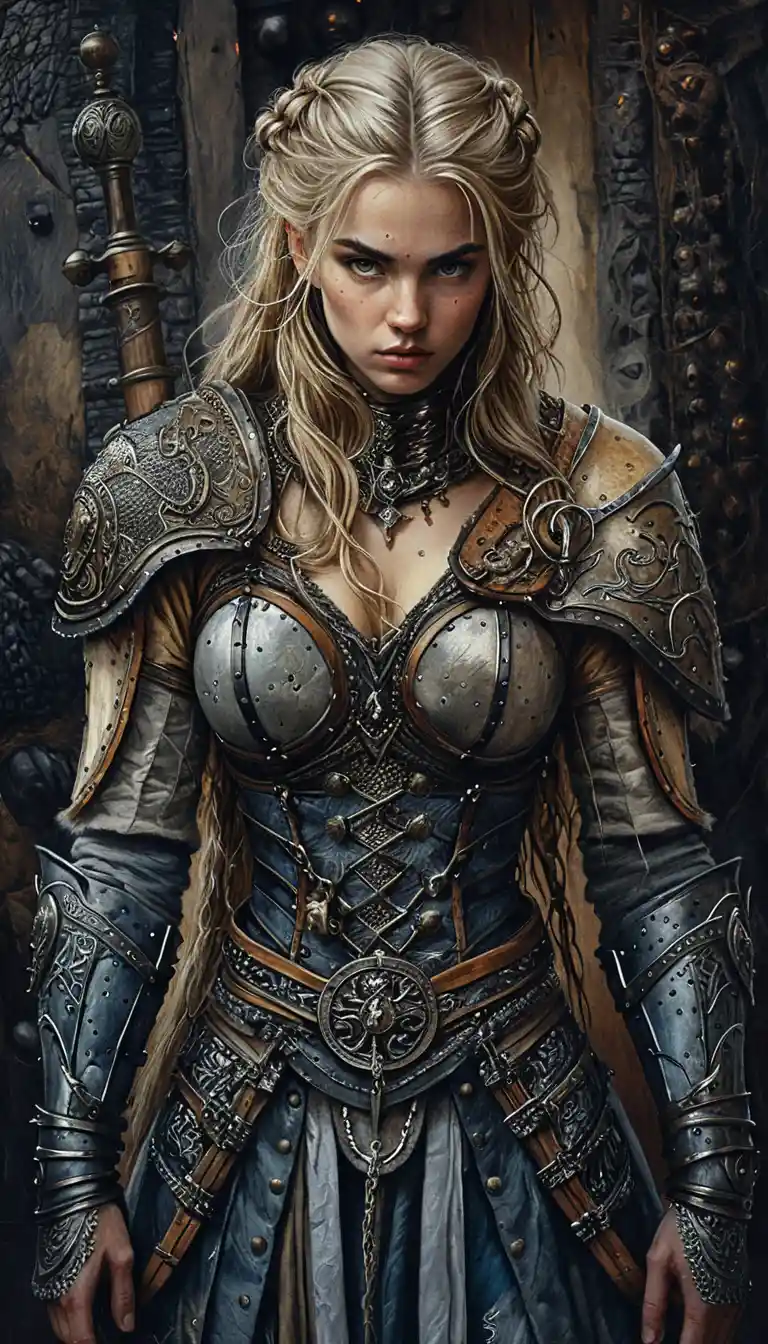 Guerrière viking blonde avec bouclier et hache