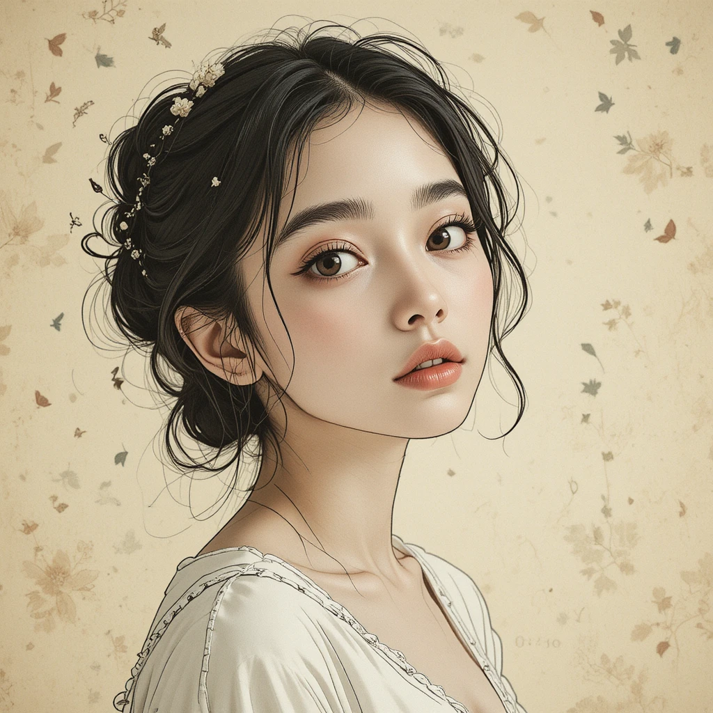 Retrato en boceto onírico de una joven vestida de blanco