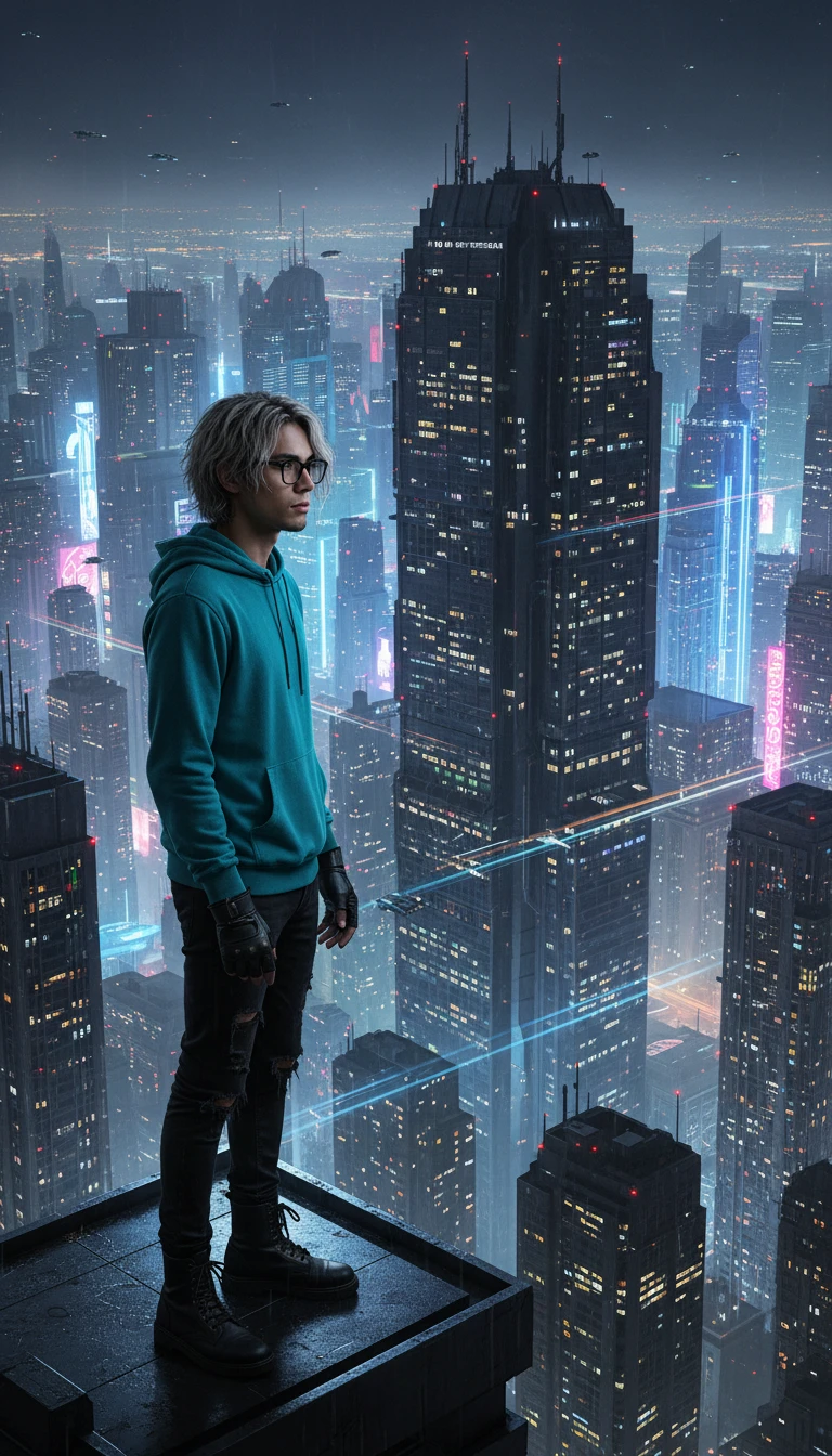 Giovane su un tetto che osserva una città sci-fi al neon