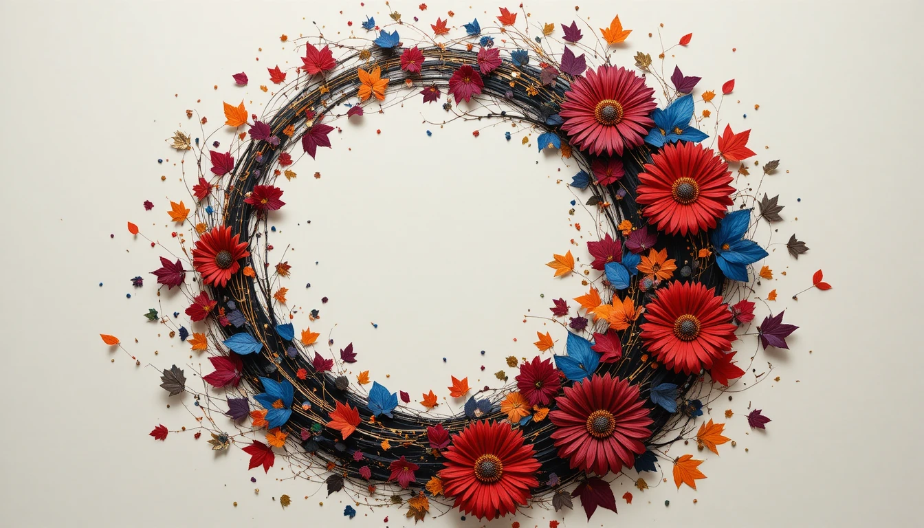 Minimal abstract painting with swirling leaves and flowers