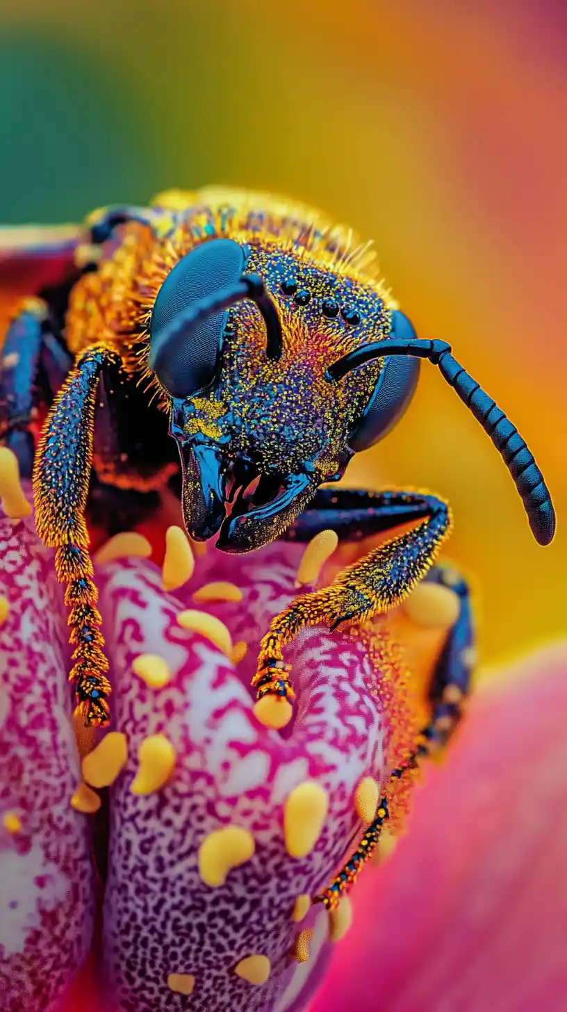 Colorful macro bee with floral and reptile textures