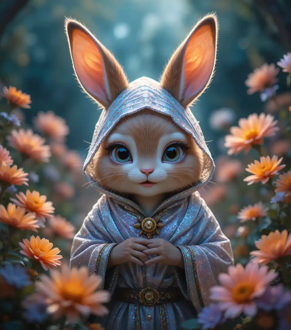 Cute sorcerer rabbit in a flower garden with soft light