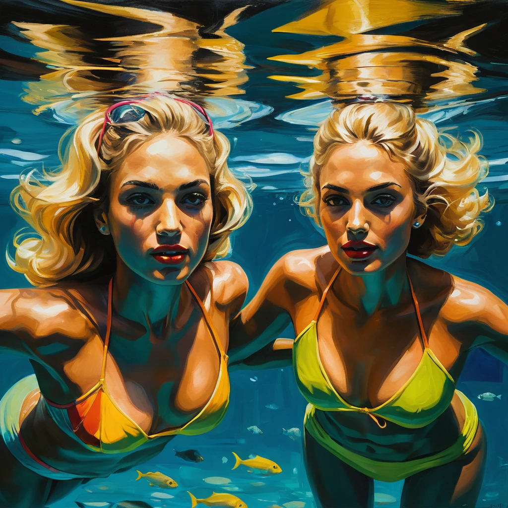 Two women swimming underwater in a fantasy oil painting