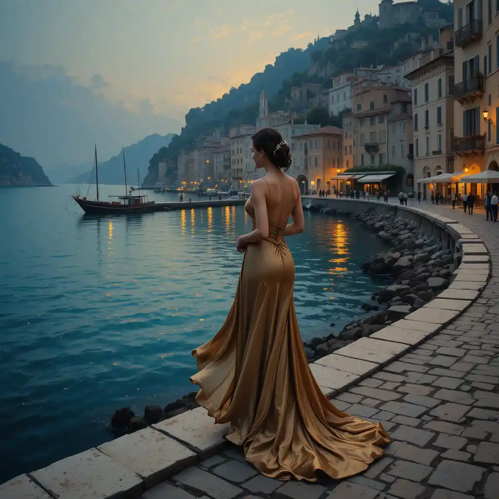 Elegant woman in gown by a Mediterranean harbor at dusk