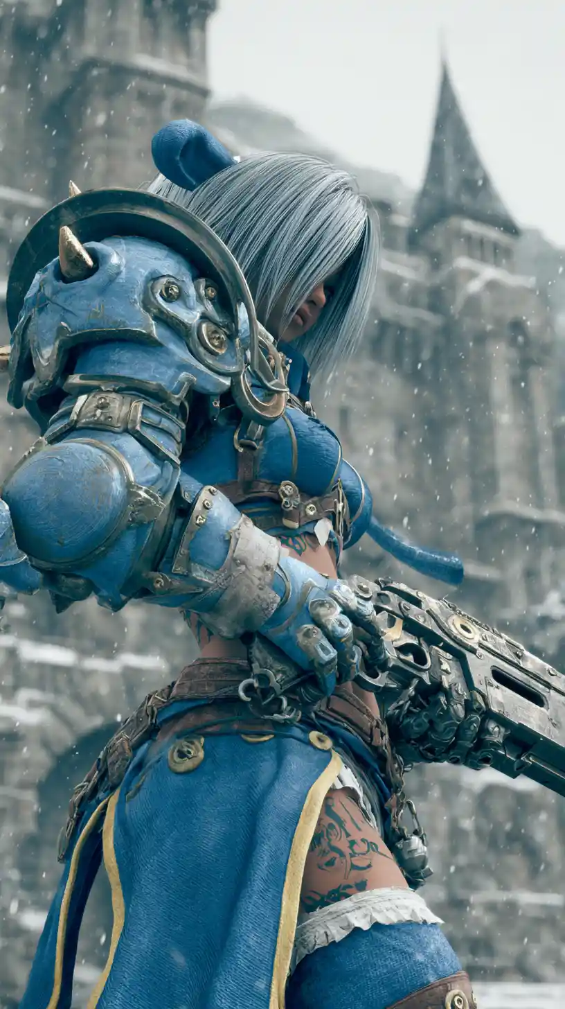 Scarred anime warrior woman in blue fantasy armor